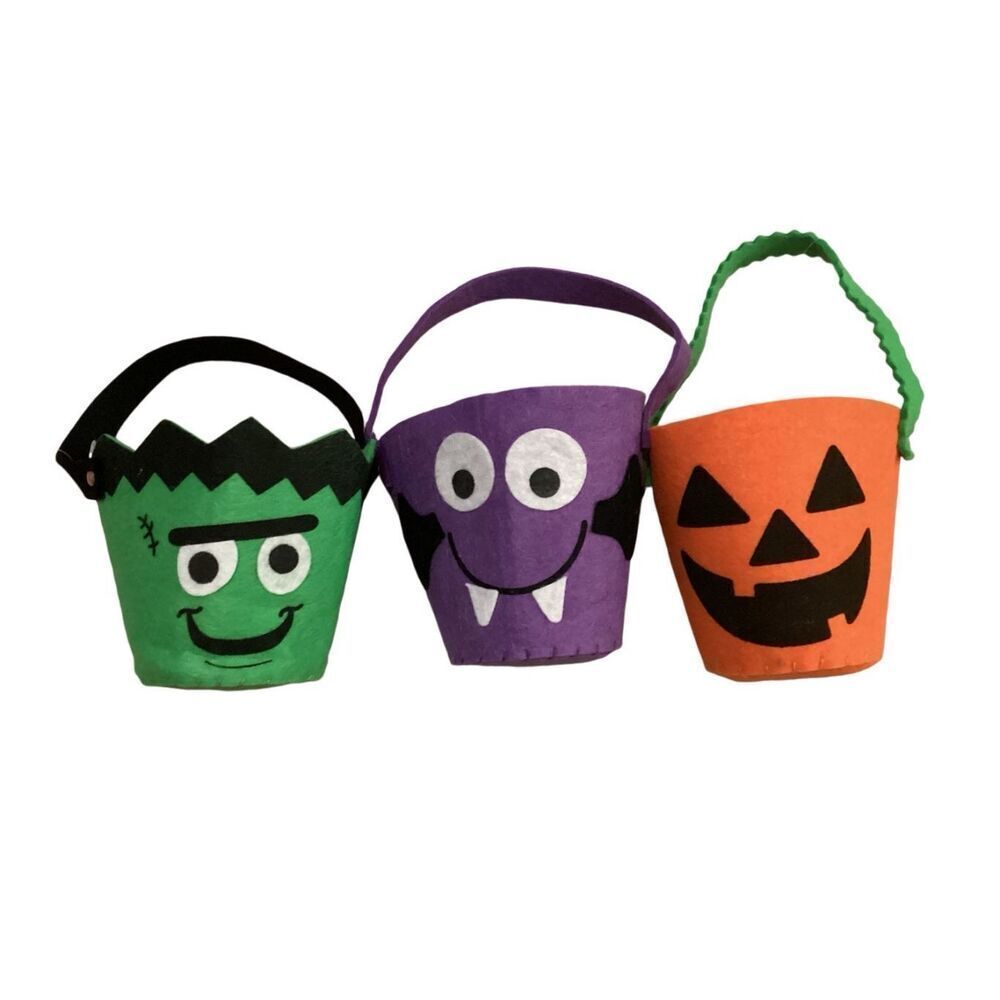 Lot Of 3 Felt Trick Or Treat Buckets Halloween Spooky Holiday Container Decor